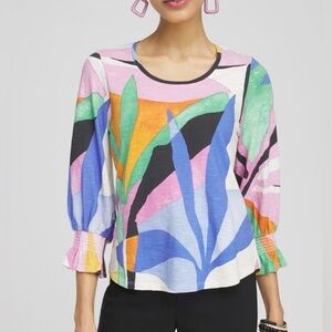 Chico's Multicolor Abstract Smocked 3/4 Sleeve T -Shirt Top